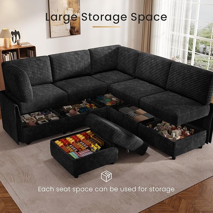 KKL Modular Sectional Sofa V-Shaped 6 Seater Couch with Storage Ottoman, Convertible L/J-Shaped Couch and Sofa Bed Plush Wide-Wale Corduroy for Living Room, Apartment, Modern Design, Black