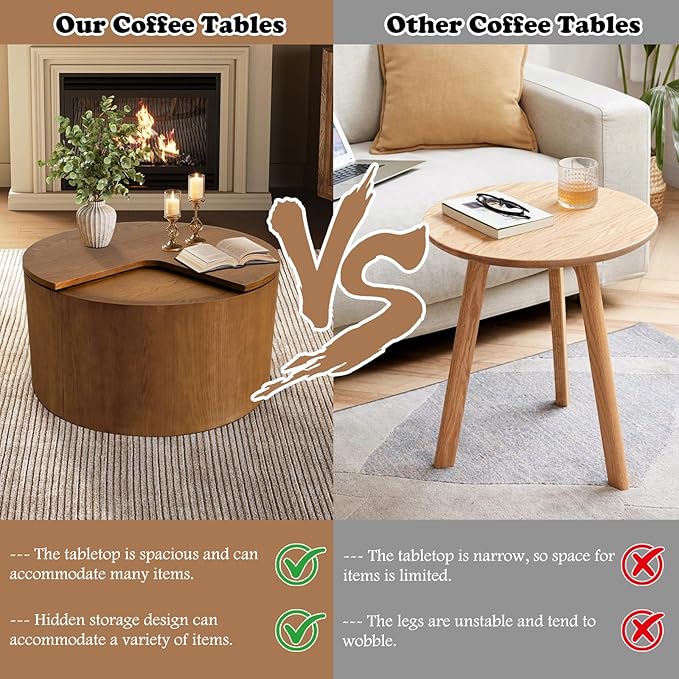 27.16" Round Coffee Table with Storage Modern Wooden Coffee Table Circle Accent Center Table for Living Room Small Space Apartment Office (Circle Brown)