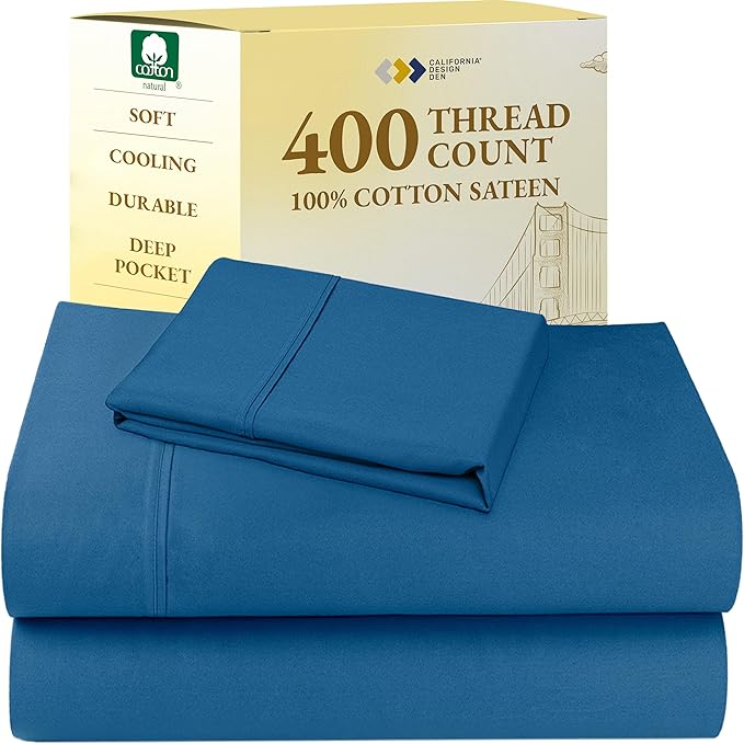 California Design Den Twin Sheets Set - 400 Thread Count Sateen, Natural 100% Cotton Bed Sheets, Deep Pockets with All Around Elastic, Soft, Cool and Durable Bedding - Cobalt Blue