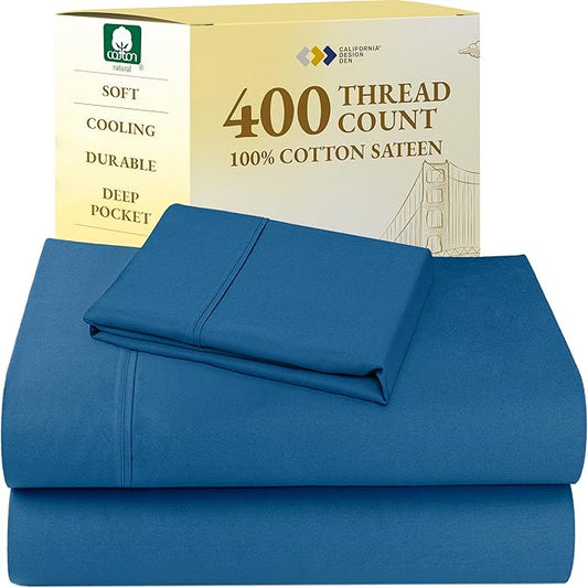 California Design Den Twin Sheets Set - 400 Thread Count Sateen, Natural 100% Cotton Bed Sheets, Deep Pockets with All Around Elastic, Soft, Cool and Durable Bedding - Cobalt Blue
