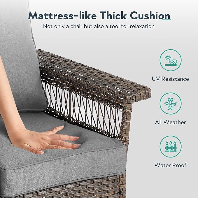 4 Pieces Wicker Patio Furniture Set - Hollow Widen Armrests Comfy Outdoor Rattan Chairs with Ottomans, Small Patio Convention Set for Balcony Porch Deck and Yard - Brown/Gray