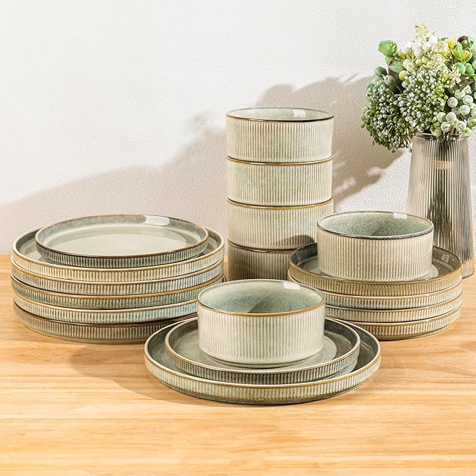 GBHOME Stoneware Dinnerware Sets for 8,Round Reactive Glaze Ceramic Plates and Bowls Set,Highly Scratch Resistant | Dishwasher & Microwave Safe Dishes Set,Service for 8(24Pcs),Desert Sage
