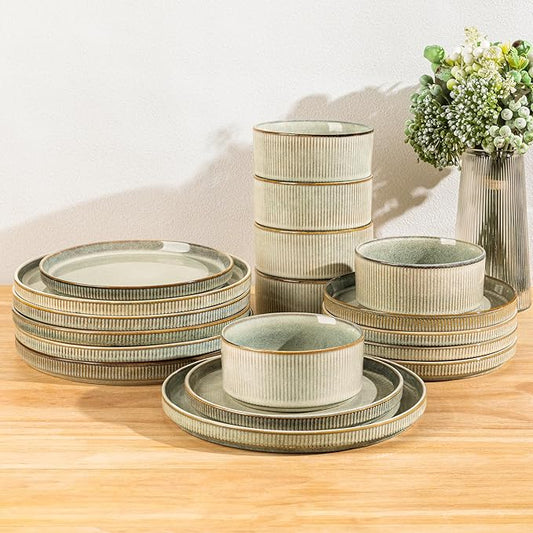 GBHOME Stoneware Dinnerware Sets for 8,Round Reactive Glaze Ceramic Plates and Bowls Set,Highly Scratch Resistant | Dishwasher & Microwave Safe Dishes Set,Service for 8(24Pcs),Desert Sage