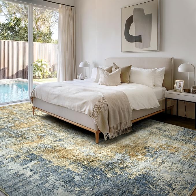 Area Rug Living Room Rugs - 9x12 Modern Abstract Soft Indoor Neutral Washable Rug Stain Resistant Non-Slip Low Pile Carpet for Bedroom Dining Room Home Office - Blue/Grey/Yellow