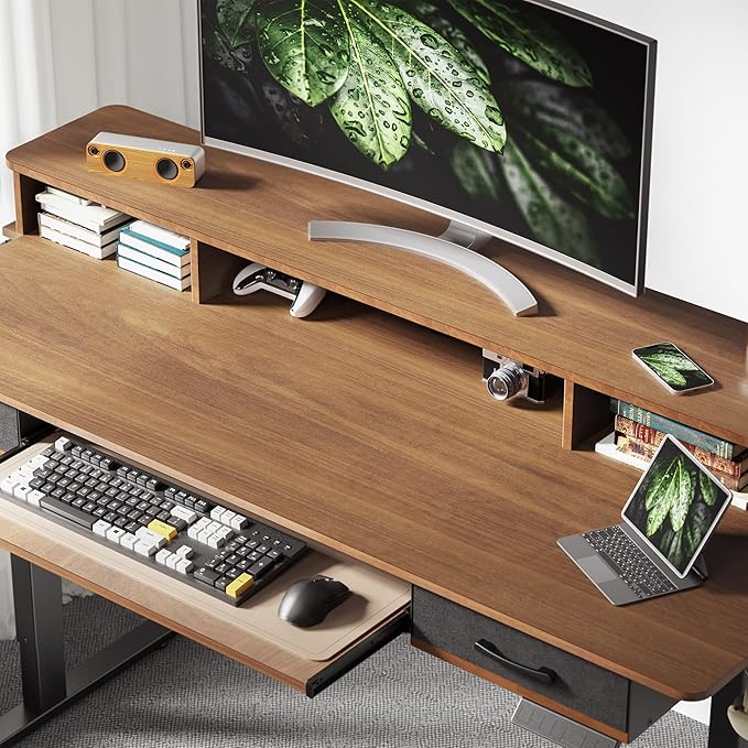 63 Inches Electric Standing Desk with Keyboard Tray, Height Adjustable Sit to Stand Table with 2 Drawers, Ergonomic Home Office Desk with Storage Shelf, Computer Table, Black Walnut