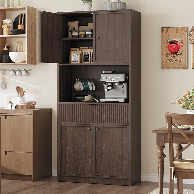IDEALHOUSE Tall Storage Cabinet, 70" Kitchen Pantry Cabinet with Doors, Fluted Kitchen Hutch Cupboard with Microwave Shelf & Drawer, Freestanding Cupboard for Dining Room, Living Room, Brownish Red