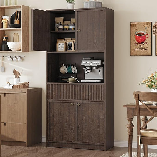IDEALHOUSE Tall Storage Cabinet, 70" Kitchen Pantry Cabinet with Doors, Fluted Kitchen Hutch Cupboard with Microwave Shelf & Drawer, Freestanding Cupboard for Dining Room, Living Room, Brownish Red