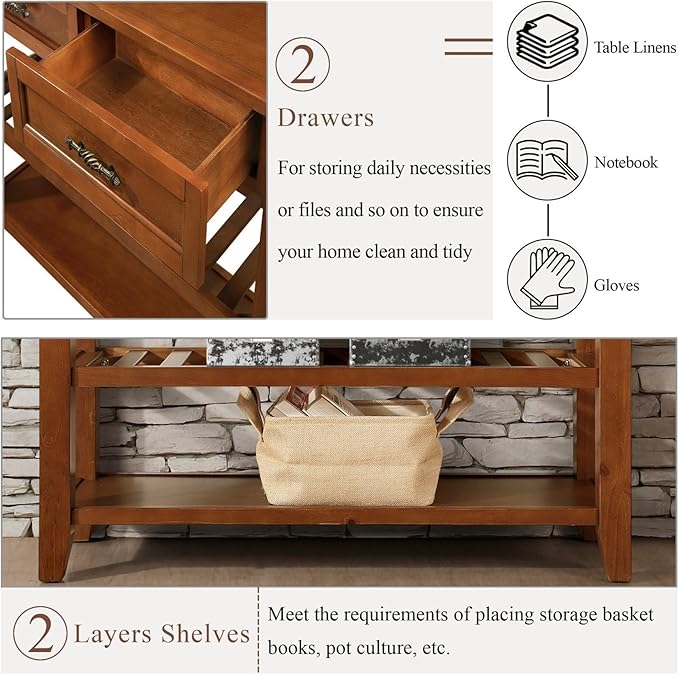 KEIKI 42”L Pine Solid Wood Entryway Console Table with 2 Storage Drawers, Mid-Century Retro Behind Couch Sofa Table with 2 Tiers Open Shelf for Hallway, Entrance, Entry Way, Living Room, Foyer