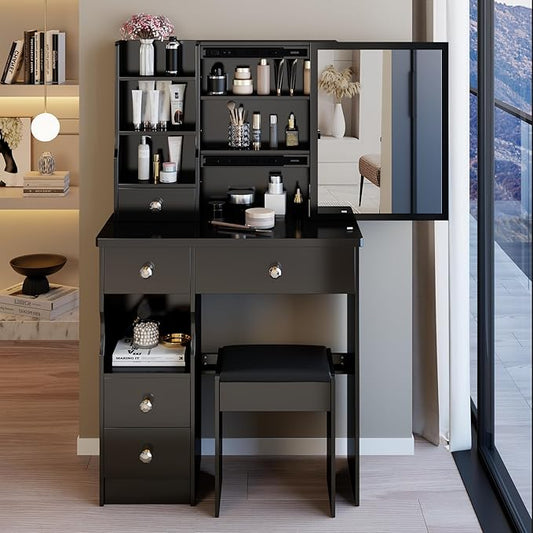 KEIKI Vanity Desk with Mirror & Cushioned Stool, 29.2'' Makeup Dressing Table Set with 5 Drawers for Tiny Bedrooms, Dorms, Apartments,Balck