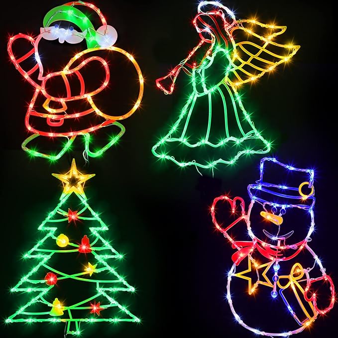 16" Christmas Window Silhouette Lights - 4 Pack Colour Lighted Christmas Tree ＆ Snowman ＆ Angel ＆ Santa for Holiday Indoor and Outdoor Wall Door Window Decorate