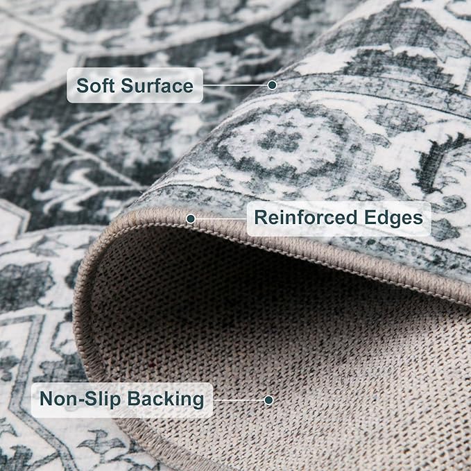 WILLSUN Washable Area Rugs, 4x6 Non-Slip Boho Large Area Rugs for Living Room, Bedroom, Machine Washable Vintage Rug, Indoor Floral Print Carpet for Home Decor, Kid & Pet Friendly Mat