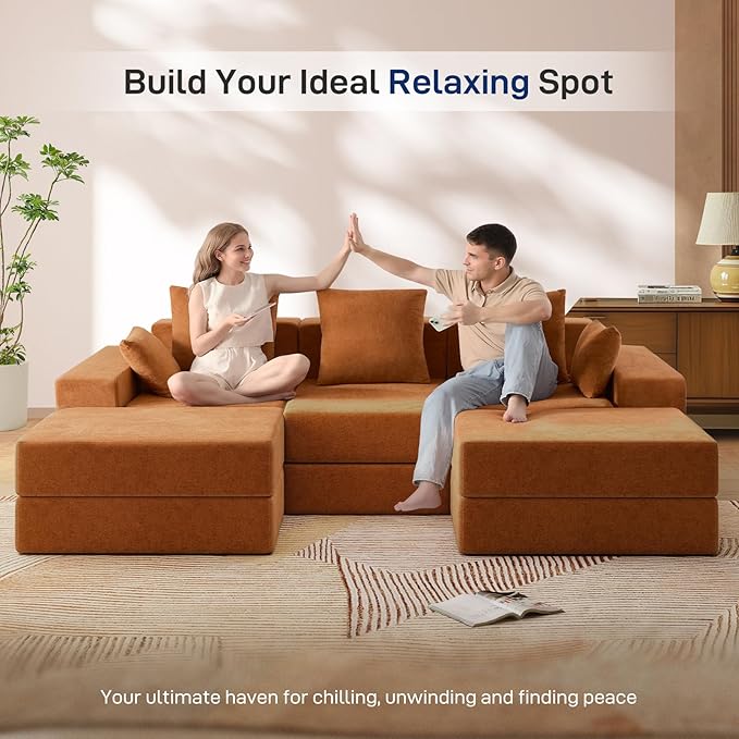 Living&Giving 101" U-Shaped Cloud Sectional Couch for Living Room, Cloud Boneless Couch-No Assembly with Reversible Chaise, Customizable 3-Seat Modular Sectional Sofa with 2 Ottoman, Orange