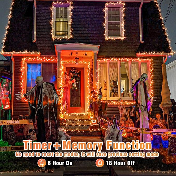 Vivideal 100ft 300 LED Orange Christmas Lights Outdoor Waterproof String Lights Indoor 8 Modes Clear Wire, Plug in Orange Christmas Light for Xmars Tree Bedroom Thanksgiving Decorations