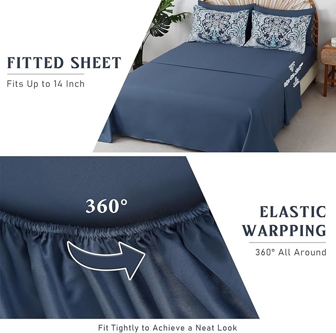 Drucon Paisley Comforter Set Queen Size, 7 Pieces Bed in a Bag Blue Boho Comforter, Soft Lightweight Microfiber Bedding Set (1 Comforter, 1 Flat Sheet, 1 Fitted Sheet, 2 Pillow Shams, 2 Pillowcases)