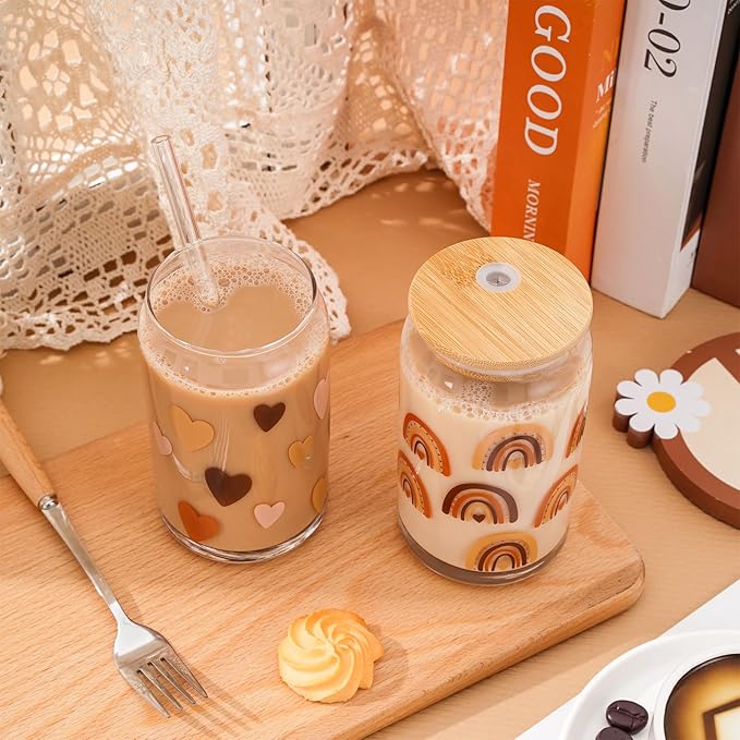 Whaline 6 Pack Boho Drinking Glasses 16oz Boho Rainbow Sun Heart Flower Glasses Cup Retro Groovy Ice Coffee Cup with Bamboo Lid Glass Straw Cleaning Brush for Cocktail Whiskey Beer Soda Gifts