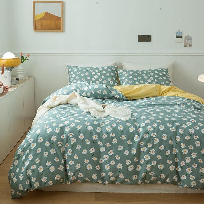 EAVD Fresh Garden Style Daisy Floral King Comforter Set Sage Green Fluffy Soft Microfiber Chic Flower Bedding Set for Girls Women Vintage Style Botanical Comforter Set for All-Season