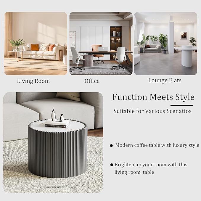 Round Coffee Table Set with Sintered Stone Tabletop, 29.52" White Drum Center Table and 17.71" Grey Coffee Table Set, 2 Pieces Living Room Table Set with Fluted PU Leather Cover& Stable Base