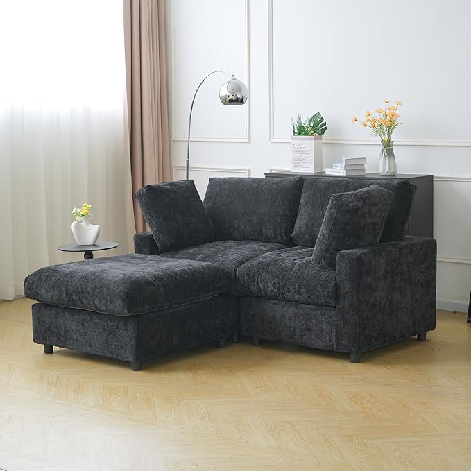 JACH 67" Love Seat Sectional Couches with Chaise Ottoman, Modern Convertible Modular Sofa, Cloud Sectional Couch, Sofa Covers Washable, Minimalist Couch for Living Room, Bedroom, Apartment, Black
