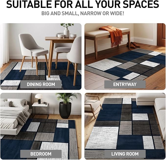 Rugshop Modern Geometric Boxes Navy Area Rug, Fade-Resistant Carpet for Bedroom, Office, or Entryway, 3'3" x 5'