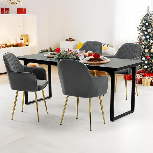 ECOTOUGE Modern Dining Chairs Set of 4, Upholstered Dining Room Chairs with Golden Metal Legs, Matte Velvet Kitchen Chairs for Dining Table, Accent Chairs for Living Room, Grey