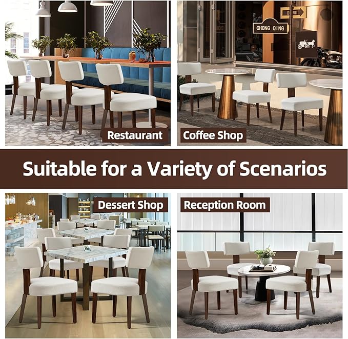 Dining Chairs Set of 6, Fabric Upholstered Wood Kitchen Chairs, Armless Linen Curved Backrest Accent Chair Farmhouse Modern Dining Chairs with Foot Pad for Kitchen/Living Room/Restaurant/Cafe-Beige