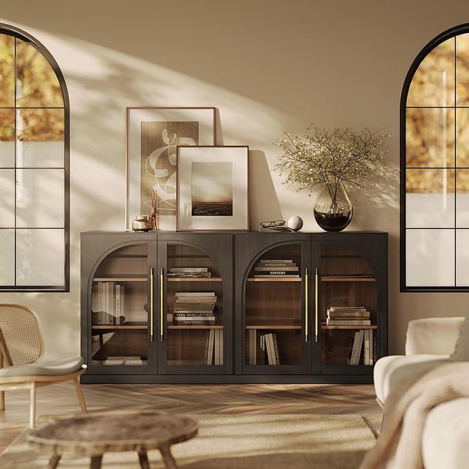 BELLEZE Set of 2 65" Arched Sideboard with Glass Door, Accent Buffet Cabinet with Storage and Adjustable Shelves, Classic Modern Large Console Table for Dining Room Living Room Entryway (Ebony)