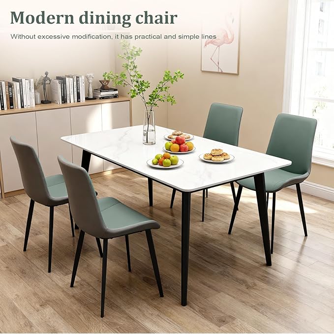 Dining Chairs, Modern PU Leather Dining Room Chair with Sturdy Metal Legs, Upholstered Seat Dinner Chairs Accent Side Chairs for Indoor Kitchen Living Room (Green & Dark Grey, Set of 8)
