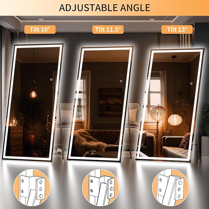 Hasipu Full Length Mirror with Lights, 71" x 32" LED Lighted Floor Standing, Full Body Dressing Hanging Mounted Mirror, Dimmable, Tempered Glass, Safe to Use, Square Black