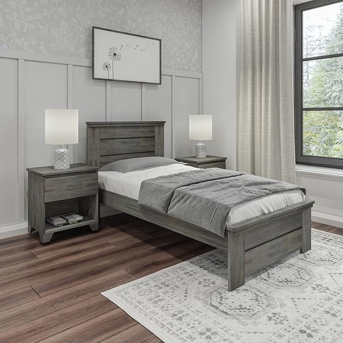 Max & Lily Modern Farmhouse Twin Bed, Bed Frame with Headboard For Kids, Panel, Driftwood