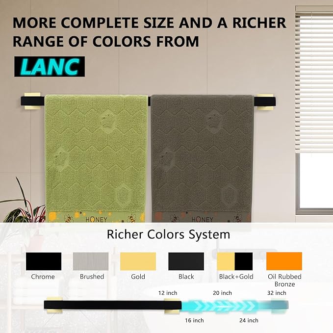 LANC 32-Inche Long Towel Bars for Bathroom Wall Mounted Matte Black and Gold Bath Towel Racks Stainless Steel Towel Rails for Kitchen Square Towel Holder Total-33.5” Towel Hanger, A8804GK-8P1