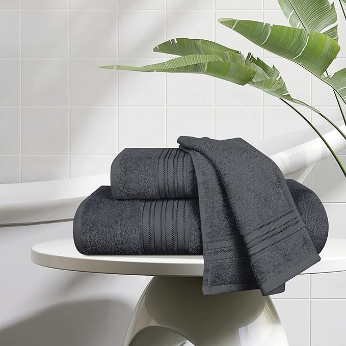 BOUTIQUO Ultra Soft 3 Pack Cotton Towel Set, Contains a Bath Towels 28x55 inch, a Hand Towels 16x24 inch & a Wash Coths 12x12 inch, Ideal Everyday use, Compact & Lightweight - Charcoal Grey