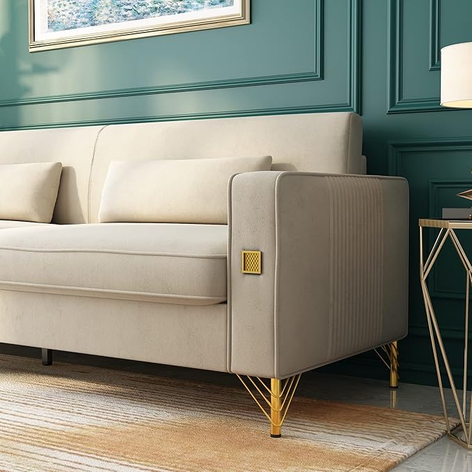 85.63" Velvet Sofa,Modern Loveseat Couch with Pillows Set of 2 for Living Room,Bedroom,Apartment Furniture with Gold Metal Legs (Beige)