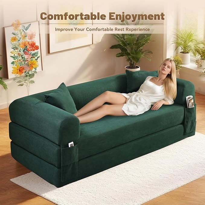 Convertible Futon Sofa Bed,80" Folding Pull Out Couch with Pillows & Storage Pocket, Oversized Queen Sleeper Sofa in a Box,Corduroy Boneless Couch for Living Room,Deep Green