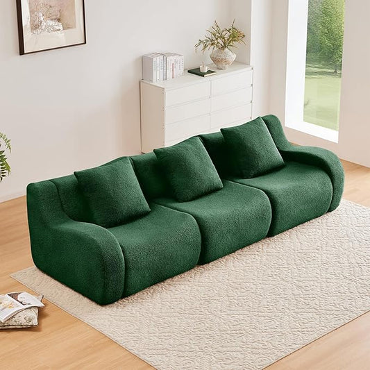 Green 3-Seater Cloud Couch, Modern Teddy Fabric Boneless Sectional Sofa in a Box for Living Room, Modular Floor Couch, Deep Seat, No Assembly Required, Sofas para Sala