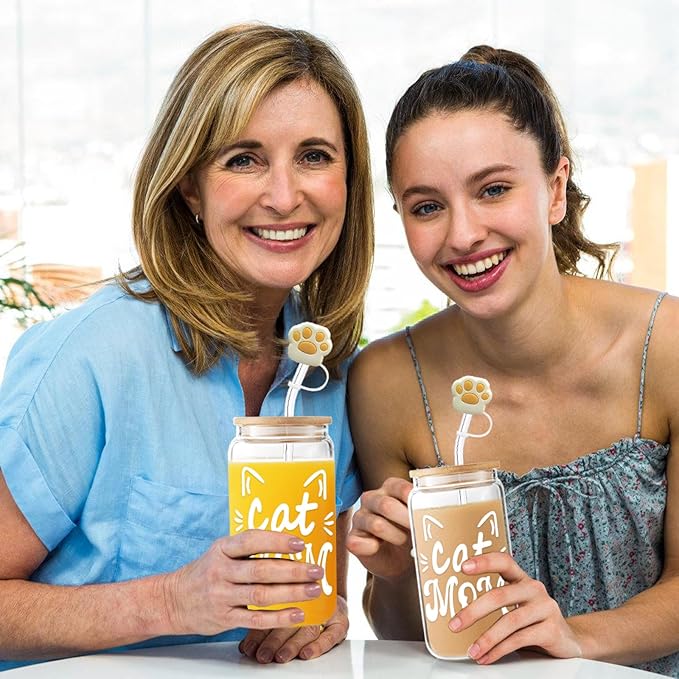 Cat Mom Gifts for Women Mothers Day Crazy Cat Lady Coffee Glass Cup with Lid Straw, Fur Lovers Owners Christmas Gifts for Daughter, Sister, Aunt, Best Friends, BFF - Including Straw Cap, Cozy Socks