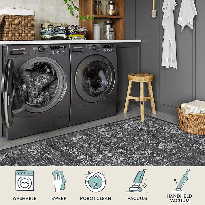 Lahome 5x7 Washable Black Area Rugs for Living Room, Non Slip Bedroom Rug, Stain Resistant Floor Dining Room Carpet for Office Entrance Decor