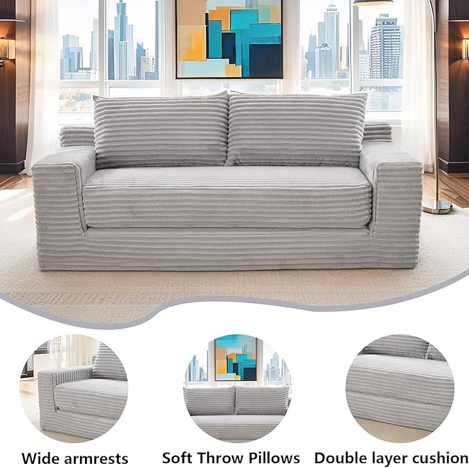 Fefances Loveseat Sofa Bed Boneless Couch, Convertible 2-in-1 Design, Corduroy Fabric - Compact Memory Foam Couch for Small Spaces, Apartments, Home Office & Bedroom （Grey）