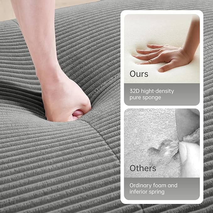 152" Modern Compressed Boneless Couch, 4 Seater Sectional Couches for Living Room, Gray Corduroy Cloud Modular Sectional Sofa, Comfy Memory Foam, Extra Deep, Sofas para Sala, No Assembly