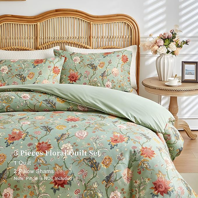 EAVD Vintage Garden Floral Comforter Set King Green Soft Microfiber Chic Vibrant Floral Bedding Comforter Set 1 King Bed Comforter and 2 Pillowcases Fresh Botanical Comforter Set for All-Season