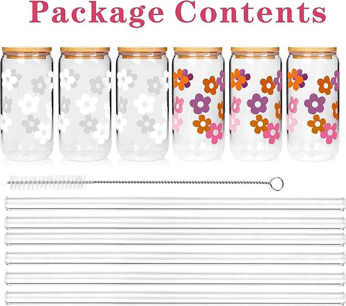 Mason Life Glass Cups with Lids and Straws, 20OZ Can Shaped Glass Cups, Drinking Glasses, Iced Coffee Glasses Cup, Reusable Smoothie Iced Coffee Drinking Cup - Set of 6