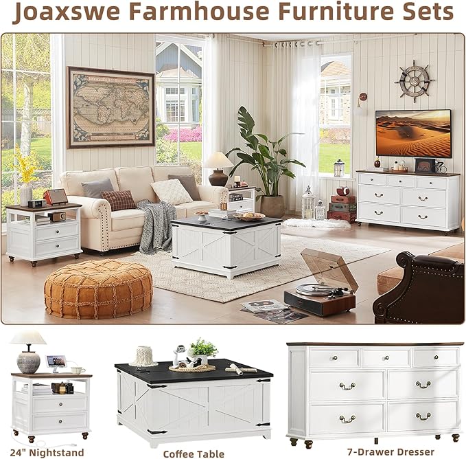 24" Wide Farmhouse Nightstand with Charging Station Set of 2, 37" Tall Rustic Chests of Drawers w/ 4 Solid Wood Feet, Farmhouse Furniture Series for Living Room,Bedroom,White