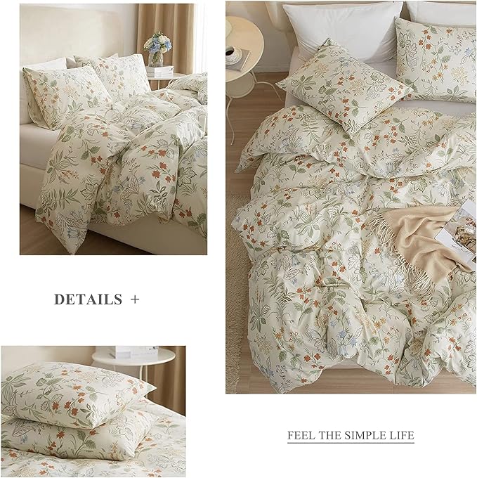 Chic Botanical Floral Duvet Cover King White Soft 100% Cotton Garden Floral Bedding Set King Vintage Style Cottagecore Comforter Cover with Zipper Closure 1 Flower Duvet Cover with 2 Pillowcases