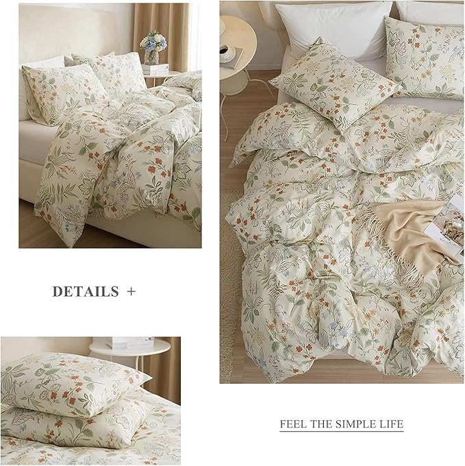 Chic Floral Duvet Cover Full Size Cotton Botanical Floral Bedding Sets Full Vintage Style Aesthetic Floral Comforter Cover Garden Flower Branches Pattern Full Bedding Sets with Zipper Closure 4 Ties