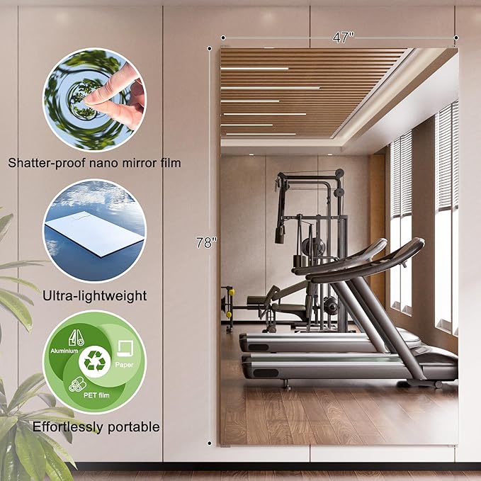 brisafe 2PCS 79"x47" Ultra-Light Wall Mirror for Home Gym & Yoga Studio, 9.9LB Shatterproof Full-Length Mirror with 0.04mm Nano Film, Easy Installation & Commercial Use (60% Insurance Savings)