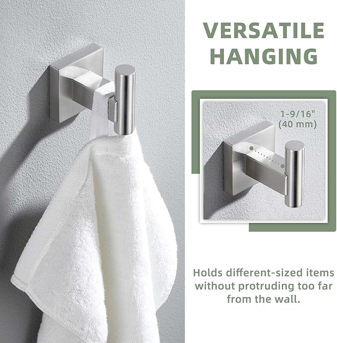 Suyar Bathroom Towel Hook Brushed Nickel, SUS304 Stainless Steel Robe Coat Holder for Shower Kitchen Closet Garage, Modern Heavy Duty Clothes Hook Wall Mounted