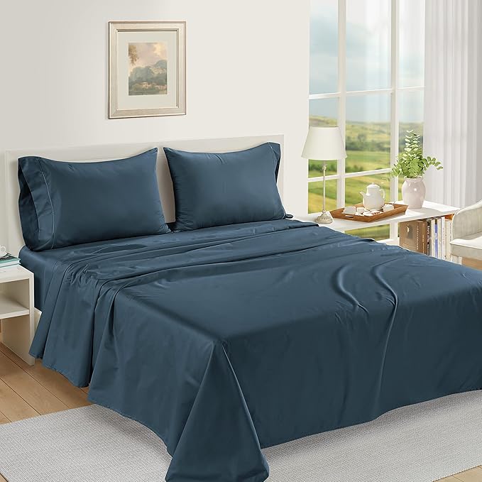 LANE LINEN 100% Egyptian Cotton Bed Sheets - 3-Piece Twin XL Set Long Staple Bedding Sateen Weave Luxury Hotel Fits Upto 15" Mattress - Dark Denim