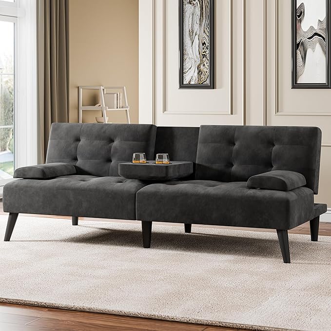 Meilocar Convertible Futon Sofa Bed Couch, Small Sofa Couch Recliner, 64" Adjustable Sleeper Sofa Bed for Living Room, Removable Armrest, 2 Cup Holders, Black