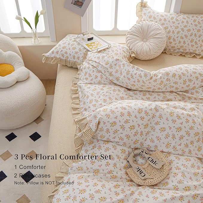 EAVD French Garden Style Ruffled Floral Comforter Set Full Fluffy Soft Microfiber Chic Shabby Pink Yellow Floral Bedding Set with 2 Pillowcases Fresh Botanical Comforter Set for All-Season