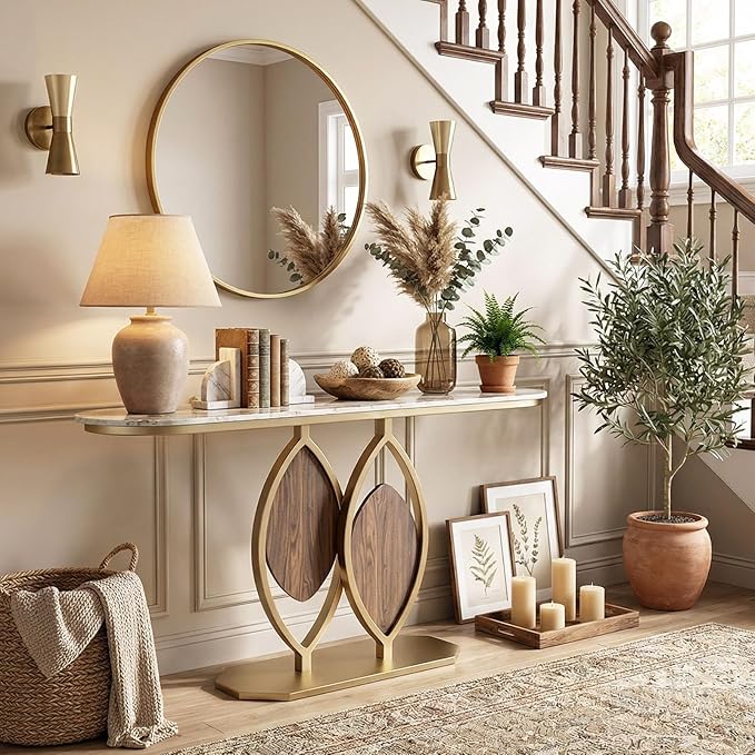 Stone Console Table Gold for Entryway, Modern Foyer Table Sofa Tables Narrow Long Stone Top for Living Room, Hallway Decor, Creative Styling(White,47.2"x11.8"x31.5")