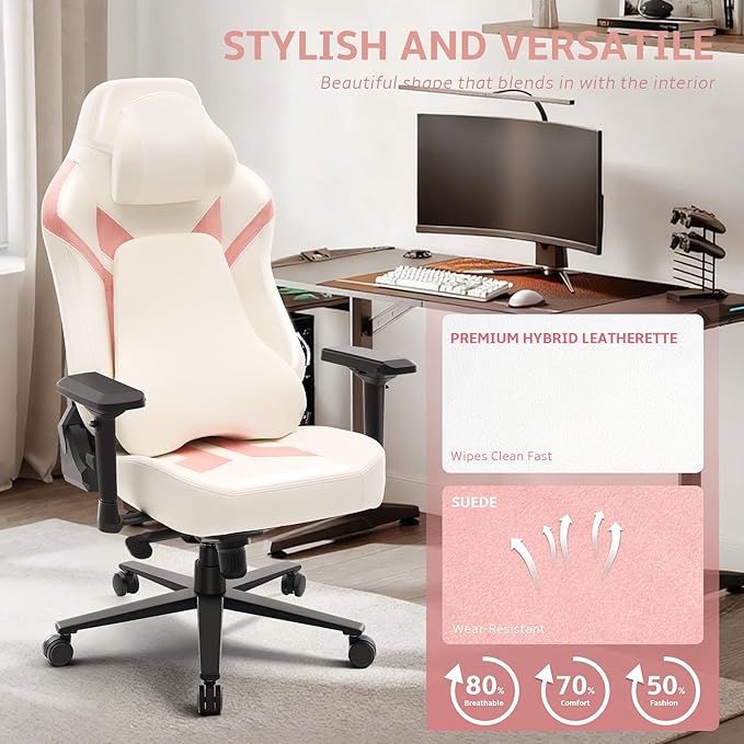 Ergonomic Gaming Chair, Computer Desk Chairs, 4D Armrests, High Back Office Chair with Headrest & Lumbar Pillow, Tilt Rocker Recliner, Heavy-Duty Base, White PU Leather & Pink Suede Comb